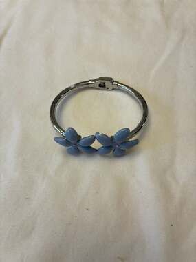 equilibrium Silver Plated Blue Forget-Me-Not Flower Enamel Hinge Bangle Bracelet